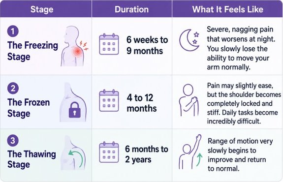 Table of the three frozen shoulder stages: freezing (6 weeks to 9 months, severe pain that worsens at night), frozen (4 to 12 months, locked and stiff), and thawing (6 months to 2 years, motion slowly returns)