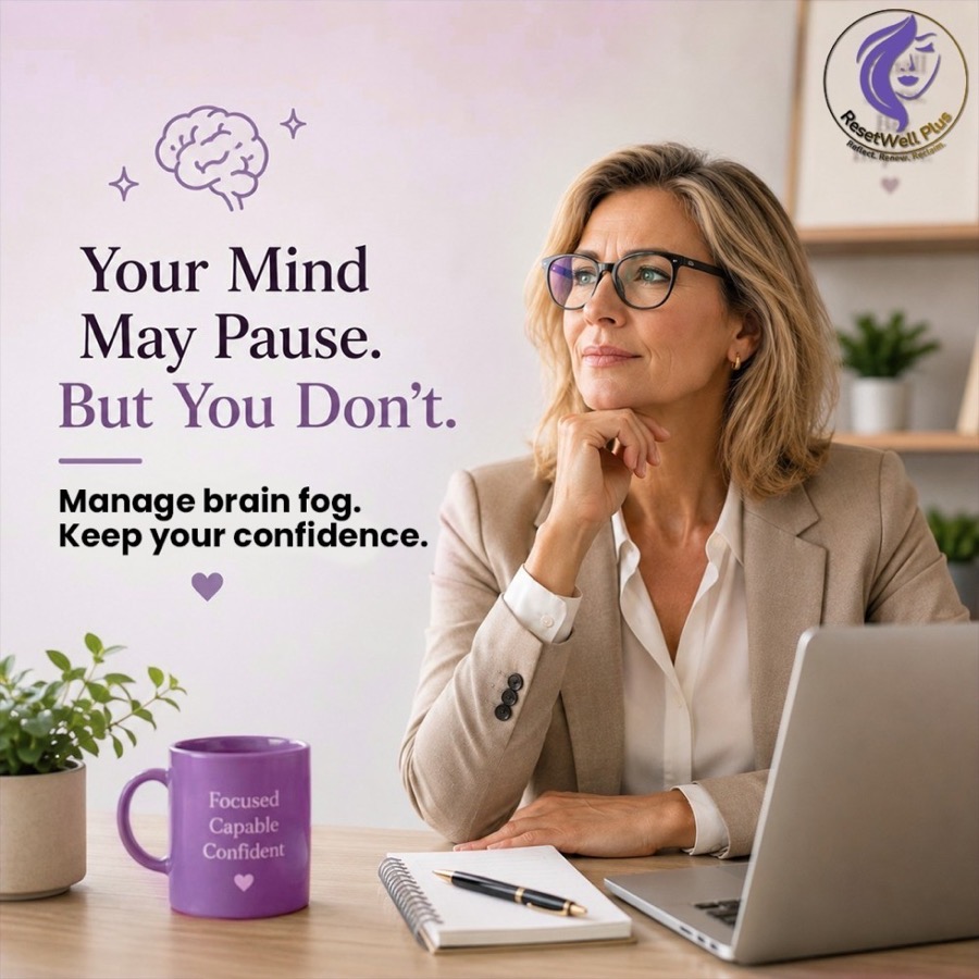 Your mind may pause, but you don't: woman at her desk with a mug reading Focused, Capable, Confident