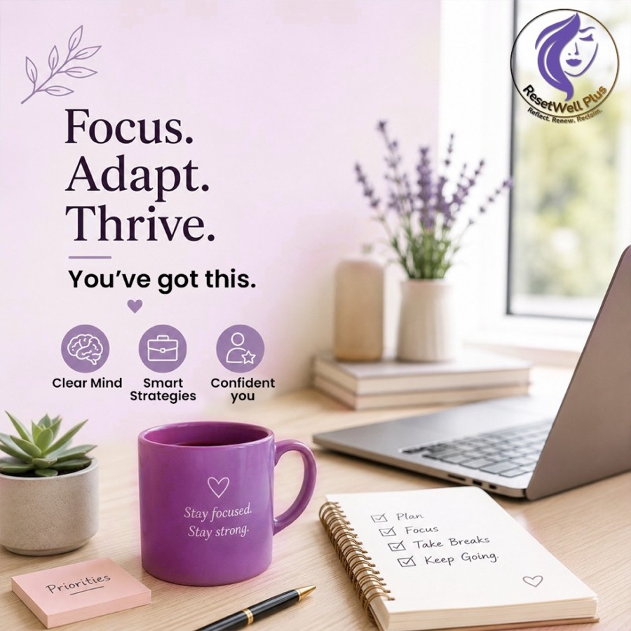 Focus. Adapt. Thrive. You've got this: desk scene with a purple mug reading Stay focused, Stay strong