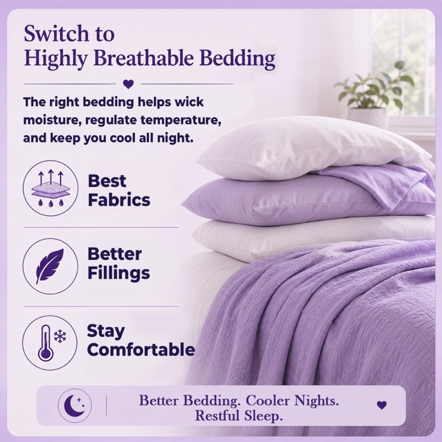 Infographic: switch to highly breathable bedding, with best fabrics, better fillings, and stay-comfortable tips