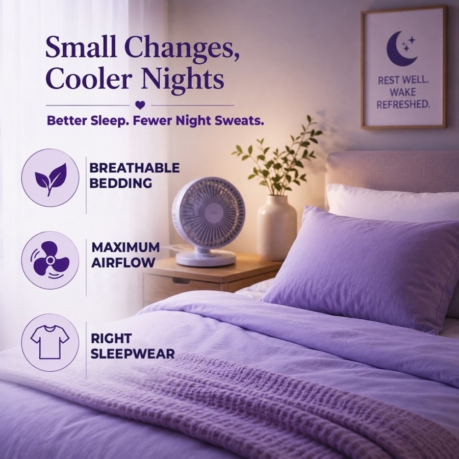 Infographic: small changes, cooler nights, with a desk fan by the bed for breathable bedding, maximum airflow, and right sleepwear