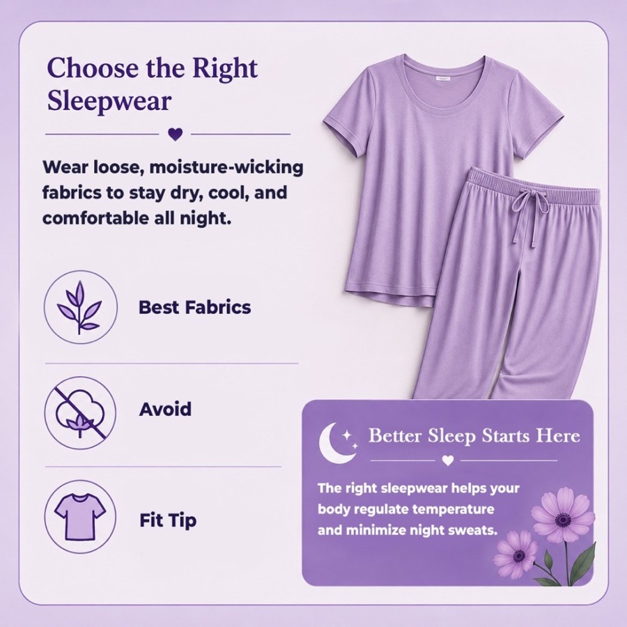Infographic: choose the right sleepwear, loose moisture-wicking fabrics to stay dry, cool, and comfortable all night