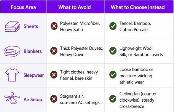 Quick-reference table: what to avoid and what to choose instead for sheets, blankets, sleepwear, and air setup