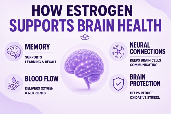 Infographic: how estrogen supports brain health through memory, blood flow, neural connections, and brain protection