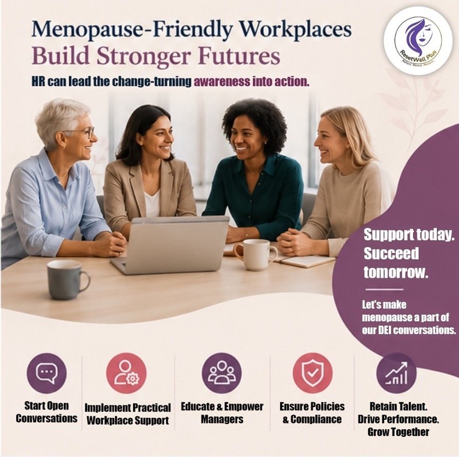 Menopause-friendly workplaces build stronger futures: four colleagues collaborating around a laptop, with steps HR can take