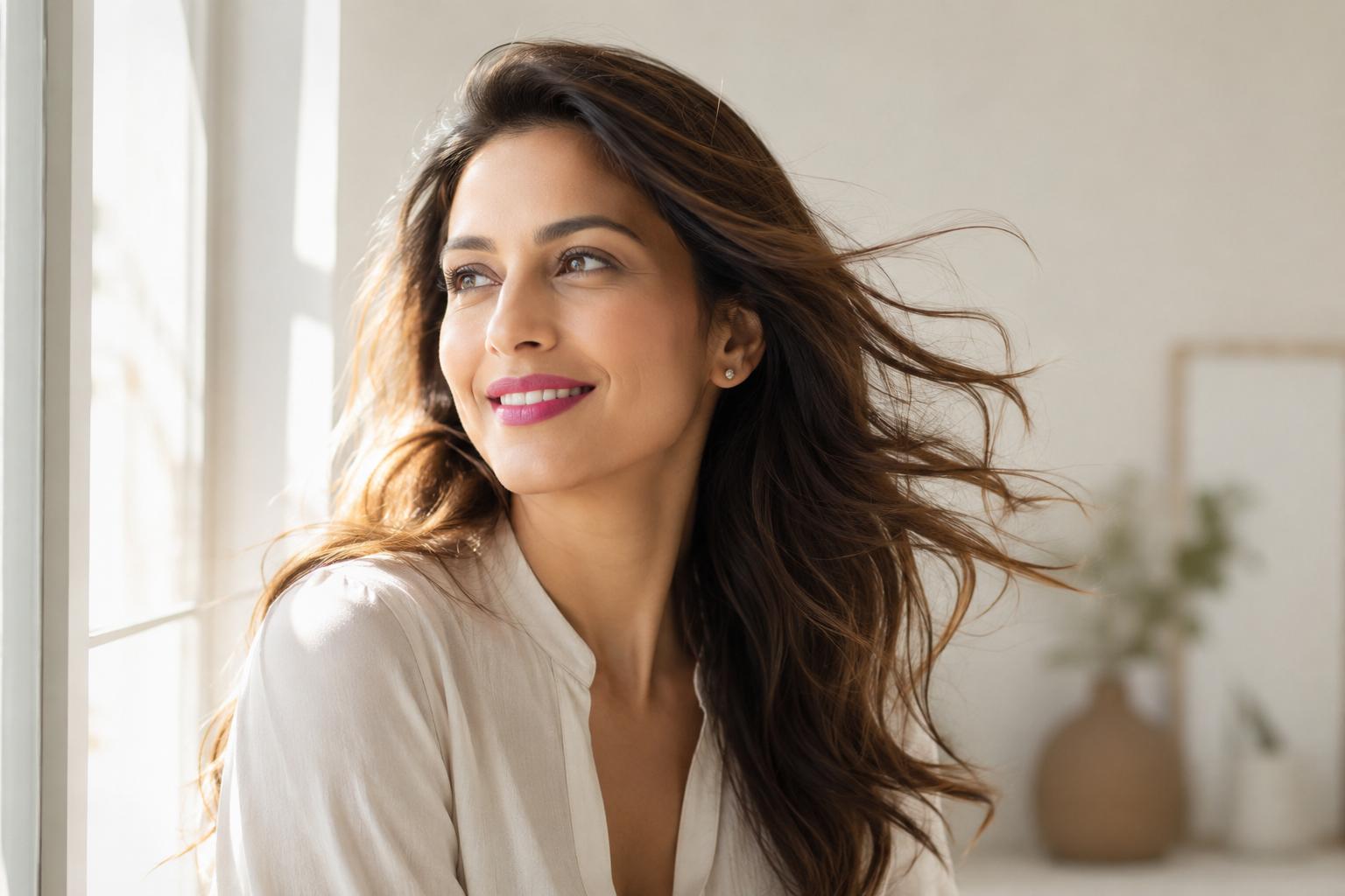 A woman smiling and gazing toward bright window light, hair flowing, in a calm modern interior
